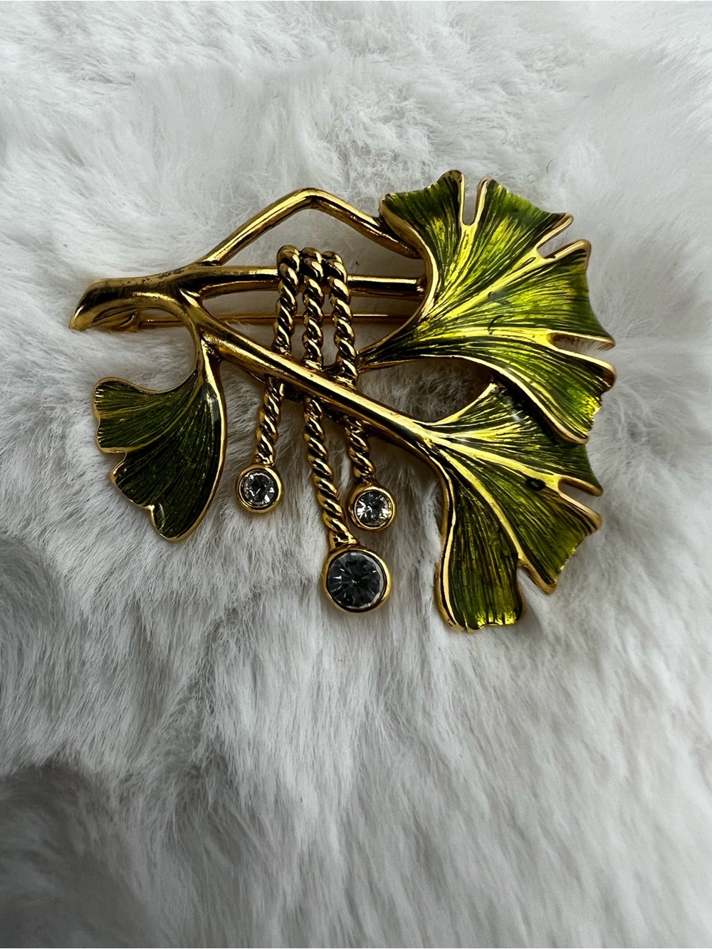VTG Joan Rivers Signed Green Enamel Ginkgo Leaf Brooch Pin